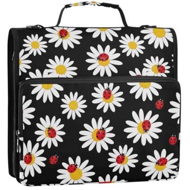 Imagem de Margaridas brancas flores pretas 3,8 cm fichário organizador de fichário escolar com alça de ombro pasta de armazenamento divertido com alça, 34,5 x 31,5 x 9 cm