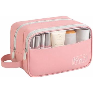 Imagem de Necessaire Organizadora Bolsa de Higiene Pessoal Unissex de Viagem Com Duas Divisórias, Compartimento Frontal Transparente, Academia, Mala e Uso Diário Com Alça Lateral – SHACK. (ROSA)