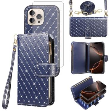 Imagem de Asuwish Capa carteira compatível com iPhone 15 Pro de 6,1 polegadas com zíper e protetor de tela de vidro temperado alça transversal com glitter flip porta-cartões capa para celular para celular i