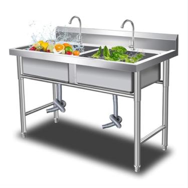 Imagem de Pia de aço inoxidável, pia utilitária com 2 compartimentos, pia de cozinha independente, pia interna e externa, pia comercial independente de tigela dupla, para restaurante, lavanderia, garagem
