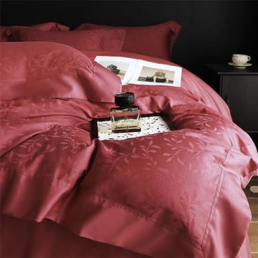 Imagem de Conjunto de cama em jacquard de cetim de algodão, capa de edredom macia e sedosa, lençol de baixo com elástico, 2 x 1,6 m.