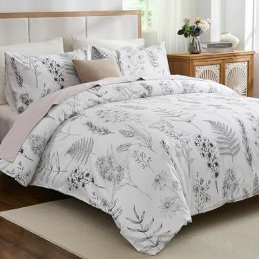 Imagem de Capa de edredom Cozeline 100% algodão, tamanho Queen, preto e branco, com fecho de zíper, 3 peças de capa de edredom floral respirável e macia para todas as estações