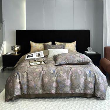 Imagem de Jogo de cama de algodão com estampa vintage de flores e plantas em estilo pintura a óleo, capa de edredom macia e lençol, modelo 4, tamanho casal (180 x 220 cm), 4 peças.