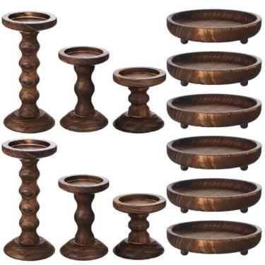 Imagem de Vesici 12 peças de suporte de castiçal placa pilar suporte de vela suporte de velas decorativas para mesa eventos de casamento festa sala de estar presente de inauguração de casa (madeira maciça