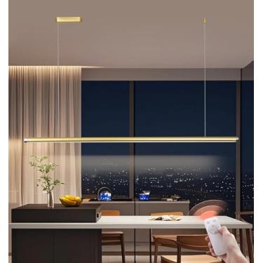 Imagem de Luminária pendente LED com intensidade ajustável e controle remoto. Design linear moderno. Ideal para mesa de jantar, cozinha, sala de jantar e sala de estar. Altura ajustável. Disponível na