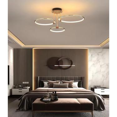 Imagem de Luminária de teto LED moderna com 3 anéis, dourada e regulável, para sala de estar, quarto, corredor, escritório e sala de jantar (Dourada, 3 anéis)