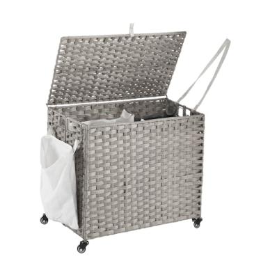 Imagem de Cesto de roupa suja com rodas, 130 L, cesto de roupa suja com tampa, forro grande removível de 2 cores e 3 sacos de roupa de malha, cesto de roupas com bolso lateral, cinza