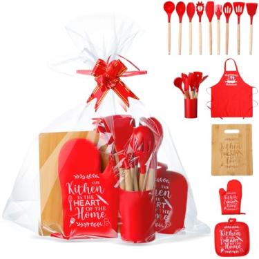 Imagem de Widecook Conjunto de utensílios de cozinha de Natal com suporte, avental, suportes de panela, luvas de forno, tábua de cortar madeira, conjunto de presente de cozinha de Natal, utensílios de cozinha