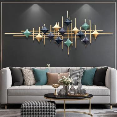 Imagem de Arte de parede de metal grande geométrica abstrata decoração de parede para sala de estar, linha dourada irregular 3D estrelas coloridas esculturas de parede moderna decoração de parede arte para