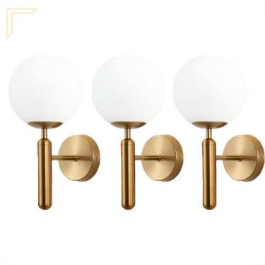 Imagem de Kit 3 Arandela Dourada Globo Vidro Branco E27 Sala Lavabo - Acende A L
