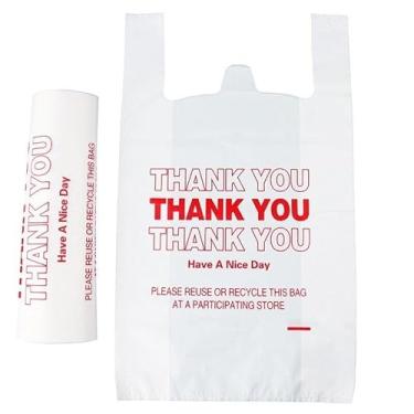Imagem de Metalandbrassco 100 sacos brancos de agradecimento 56 x 30 cm, sacos de plástico reutilizáveis com alças, forma de camiseta, perfeita para supermercado, supermercado, compras, restaurante, levar para