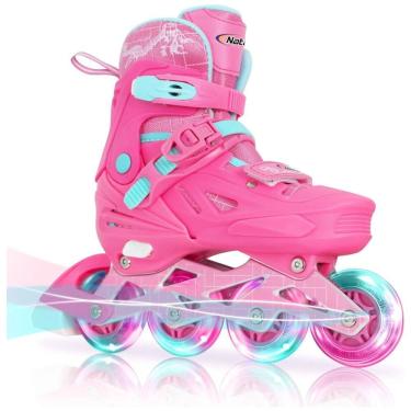 Imagem de Patins Regulável para Crianças com Rodas Iluminadas para Iniciantes, Tam BR 35 a 39, Nattork, Rosa Escuro