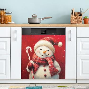 Imagem de xigua Linda capa magnética de boneco de neve de Natal, adesivos magnéticos decorativos antiarranhões para painel de geladeira e lava-louças, decoração personalizada de cozinha doméstica 58 x 66 cm