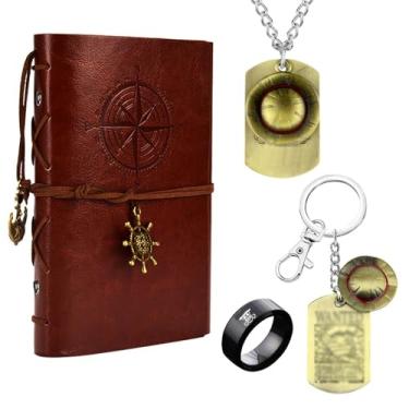 Imagem de HJYZY Anime OP. Conjunto de joias de esqueleto Ruffy, o chapéu de palha, chaveiro encadernado em couro, diário, escrita, pirata, anel de anime, 4 peças