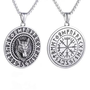 Imagem de Colar masculino gótico punk norueguês viking runa tribo lobo cabeça de lobo pingente redondo, aço inoxidável 316L, corrente de pérola quadrada de aço inoxidável prata, joia retrô nórdica talismã