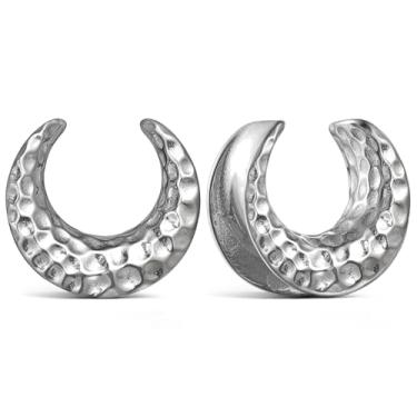 Imagem de Casvort 2 peças hipoalergênicas 0G-2,5 cm confortáveis plugues de selim martelado, 316 plugues de ouvido clássicos Luna de aço inoxidável cirúrgico 316 e joias para alongamento do corpo para mulheres