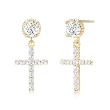Imagem de Pevoria Brincos de cruz para mulheres, banhado a ouro 14K, brincos pendentes de prata esterlina, zircônia cúbica religiosa, hipoalergênicos
