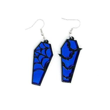 Imagem de XYAYOU Brincos de argola de acrílico assimétrico, espelhado, morcego, teia de aranha, terror, caixão, pendurado, gancho, para mulheres, Dia das Bruxas, in picture, Acrílico, Sem pedra preciosa