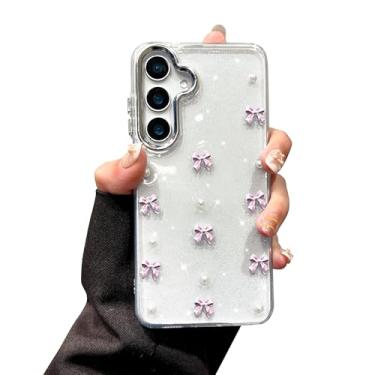 Imagem de EYZUTAK Capa para Samsung Galaxy S25 Plus, capa de telefone com laço 3D com glitter fofo e brilhante design estético fino durável TPU transparente capa protetora para meninas - laço roxo