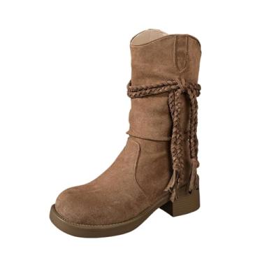 Imagem de Botas curtas femininas modernas de salto grosso com tiras para outono e inverno, casual e doce, Marrom, 38