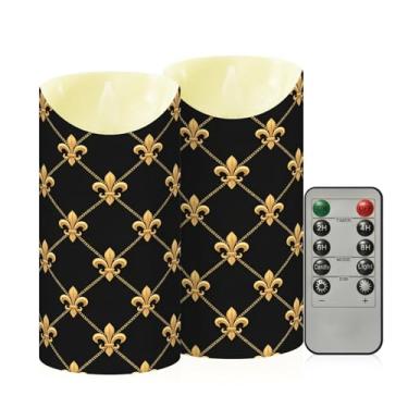 Imagem de Wassud Pacote com 2 velas Mardi Gras Golden Patttern sem chama com controle remoto, velas realistas cintilantes com temporizador, velas decorativas para Natal, casamento, festa, decoração de casa
