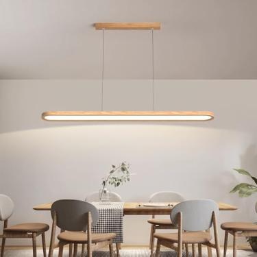 Imagem de Luminária pendente LED de madeira para sala de jantar, mesa de jantar, moderna e minimalista, com intensidade regulável, controle remoto, comprimento ajustável, lustre para ilha de cozinha,