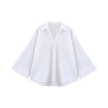 Imagem de Camisa Casual Listrada Oversize Feminina Com Mangas Largas Branca Solt