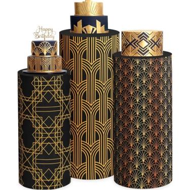 Imagem de Mindsoft Conjunto de 3 capas de suporte cilíndrico de elastano da década de 1920 para festas, capas de pedestal de cilindro flexível vintage, exibição de mesas de sobremesa para decoração de pano de