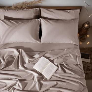 Imagem de LBRO2M Jogo de cama king 100% linho, conjunto de lençóis de 6 peças, linho natural de cor lisa, macio, respirável, bolso profundo de 40,6 cm, todas as estações (rei, deserto de malva)