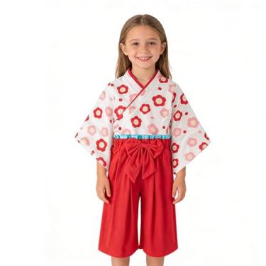 Imagem de Fantasia de quimono para meninas, conjunto de roupas de samurai para crianças, vestido de princesa japonês, fantasia de Halloween, cosplay, capa vermelha