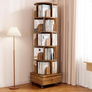 Imagem de Torre de estante giratória de 360° com rodas, rack de armazenamento de exibição de 5 níveis para espaços pequenos, organizador de estante de canto estreito para escritório ou sala de estar