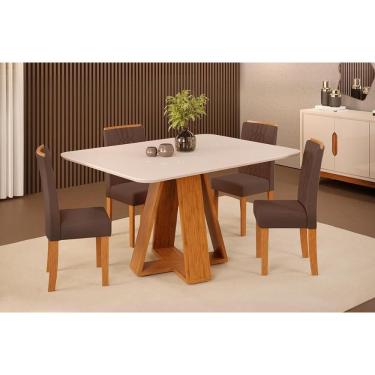 Imagem de Conjunto: Mesa Sala Jantar Celeste c/ Tampo Madeirado c/ Vidro Curvo 120x90cm e 4 Cadeiras Zoe Freijo/Off White - Suede Moca - DJ Móveis