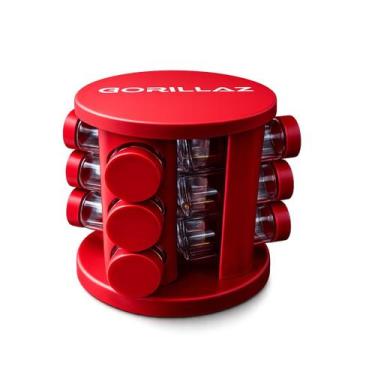 Imagem de Porta Temperos Giratório 12 potes vidro com tampa vermelho - Gorillaz
