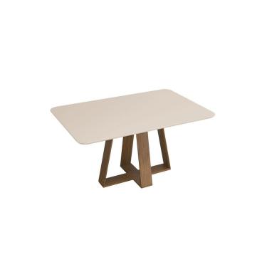 Imagem de Mesa De Jantar Kiara Tampo Chanfrado Curvo Madeira E Vidro Pintado Freijó Com Off White
