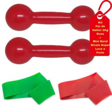 Imagem de Halter Par Peso Bola Emborrachado 2Kgs Rosa + Mini Band Super Leve For
