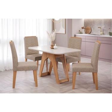 Imagem de Conjunto Mesa De Cozinha Carol Tampo Madeirado Com Vidro 130x80cm E 4 Cadeiras Clarice Madeirado Linho Bege Cimol