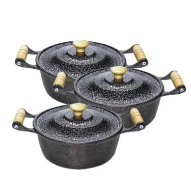 Imagem de Jogo de Panelas Caçarolas Alumínio Preto Alça e Puxador de Madeira 1 d