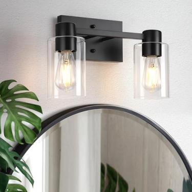 Imagem de Sheenkarion Luminária de banheiro preta fosca, 2 luzes para banheiro, espelho com sombra de vidro transparente, arandelas de parede de fazenda moderna para quarto, armário, cozinha, sala de estar