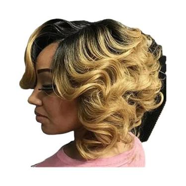 Imagem de Peruca Sintética Curta De 12 Polegadas Em Preto Gradiente Com Dourado 