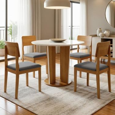 Imagem de Conjunto Sala de Jantar 4 Lugares Redonda Tampo de Vidro 135cm Mesa e Cadeira Ana Cinamomo/Off White/Prata