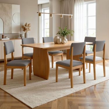 Imagem de Conjunto Sala de Jantar 6 Lugares Retangular Tampo Mdf Mesa e Cadeiras Carol Cinamomo/Off White/Prata