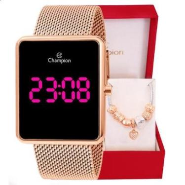 Imagem de Relógio Feminino Champion Digital Quadrado Rosé CH40083H Led + Pulseira Berloques-Feminino
