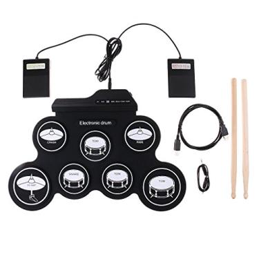 Imagem de Bateria eletrônica portátil roll-up 7 almofadas kit de bateria digital dobrável de silicone almofada de prática kit de bateria MIDI com metrônomo embutido para iniciantes e crianças (Preto)