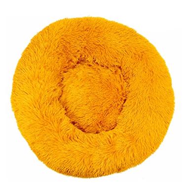 Imagem de Cama calmante para cães e gatos, cama para cães antiansiedade, cama redonda para cães e gatos, cama macia e aconchegante para aquecimento, almofada de pelúcia sintética para cães e gatos, amarela 50 x 50 cm