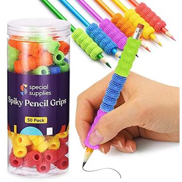 Imagem de Pegas de lápis pontiagudas para crianças e adultos da Special Supplies, suportes coloridos para caligrafia, desenho, colorir - Uso ergonômico para destros ou canhotos - reutilizável (pacote com 50)