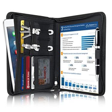 Imagem de Godery Pasta de couro com zíper, fichário de 12 x 20 cm, portfólio profissional de negócios para homens e mulheres, porta-cartões, suporte de prancheta de bloco de notas (preto)