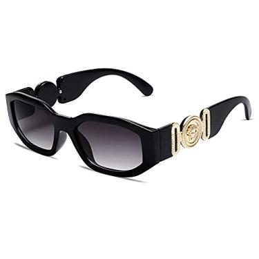 Imagem de VANLINKER Óculos de sol retangulares modernos, irregulares, com proteção UV, hexágono, aro com chifres, espesso, VL9602, Armação preta C1/lente cinza