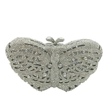 Imagem de Boutique De FGG Bolsa de mão borboleta Minaudiere feminina com strass, bolsa de mão para noite e casamento, bolsa clutch de cristal, mini, Prata 2, Mini