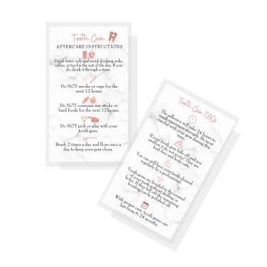 Imagem de Cartões de instruções de cuidados pós-cuidados com a pedra dentada | Pacote com 50 | Tamanho 5 x 9 cm Cartão de visita | Visual de mármore com design de ícones de cor de folha de ouro rosa não metálic