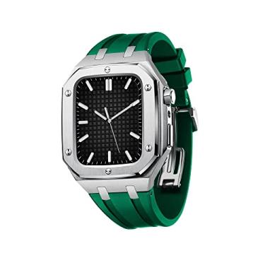 Imagem de TONECY para Apple Watch Mod Kit 44 mm Caixa de aço inoxidável resistente com pulseiras para Apple Watch série 7 (45 mm) e série 6/SE/5/4 (Cor: verde prateado, tamanho: 44 mm para 6/5/4/SE)